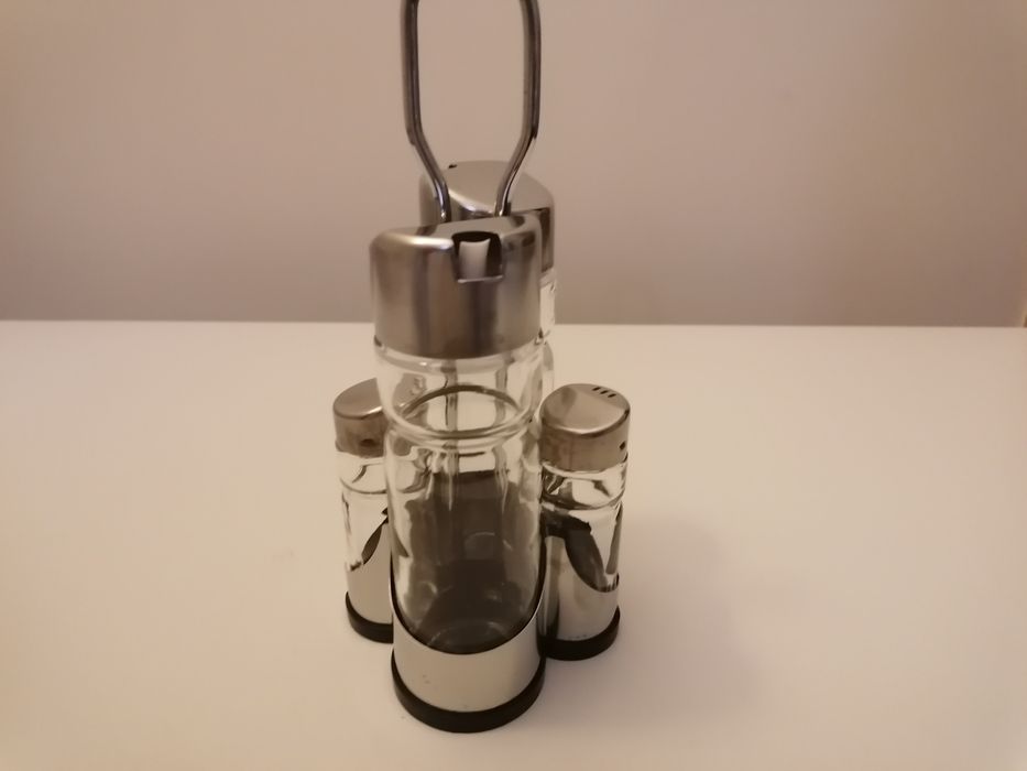 Galheteiro 4 peças, vidro e aço