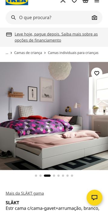 Cama Ikea SLÄKT solteiro dupla c/gavetas
Mais da SLÄKT gama
SLÄKT
Estr cama c/cama-gavet+arrumação, branco, 90x200 cm