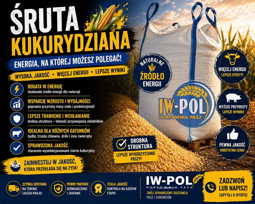 Śruta kukurydziana workowana 30kg - Cena za 1t