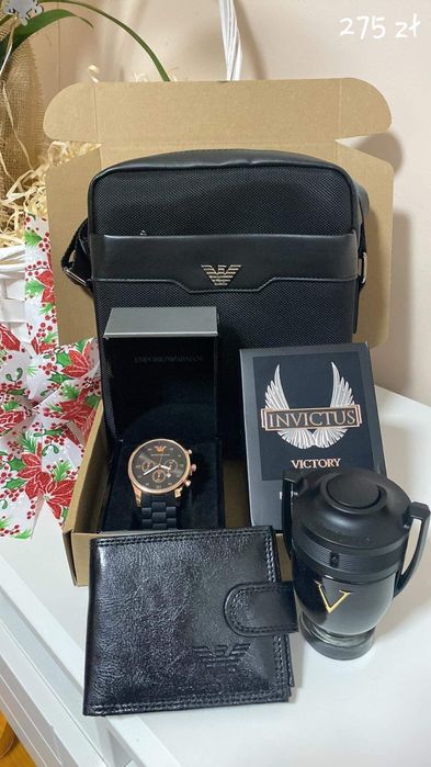 Męski zestaw zegarek, perfumy, portfel, listonoszka