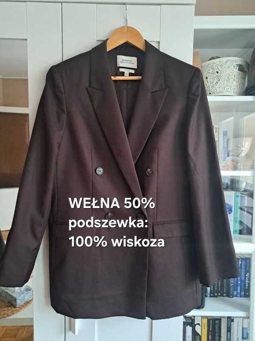 Wełniana marynarka brązowa czekoladowa dwurzędowa Reserved M 38