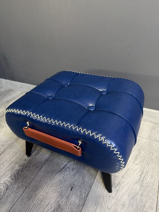 Premium Elegancka Pufa Niebieska Skórzana Podnózek Funkcjonalny Nowa