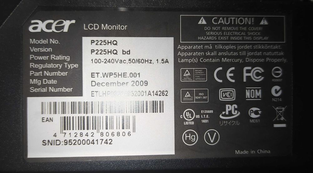 LCD монітор Acer P225HQ