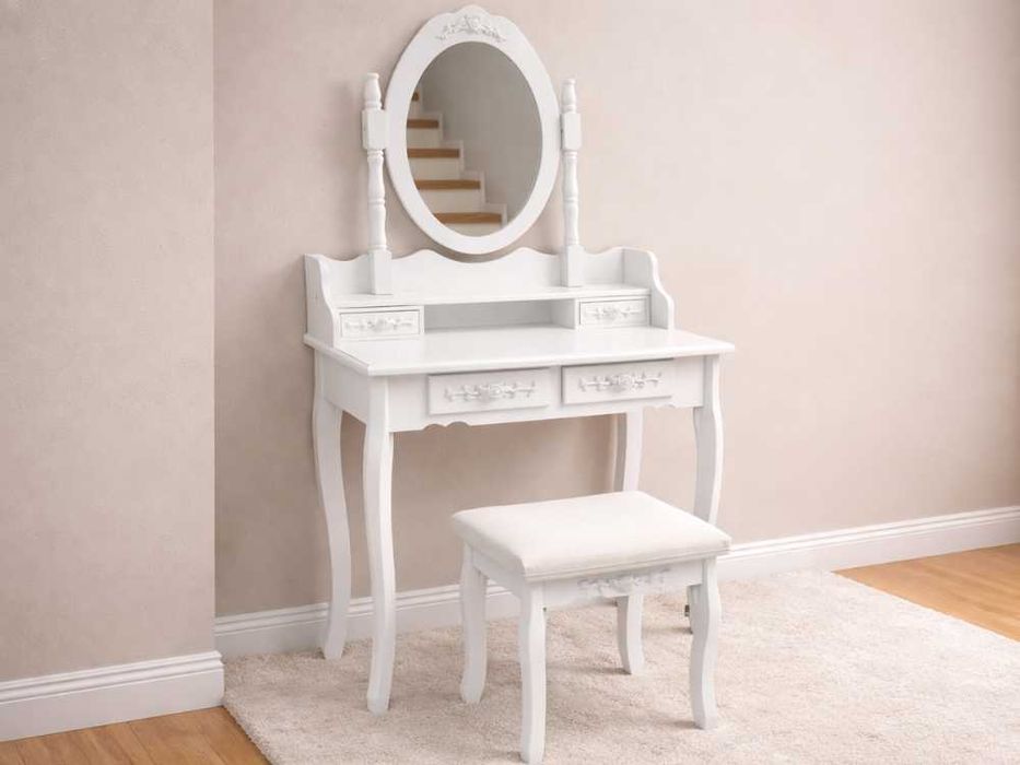 Toaletka kosmetyczna z lustrem i taboretem biała duża 4 szuflady