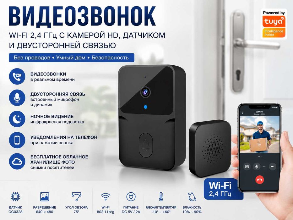 Видеозвонок Tuya Smart WI-FI 2,4 ГГц с камерой HD, датчиком движения, ночным виденьем и двусторонней связью