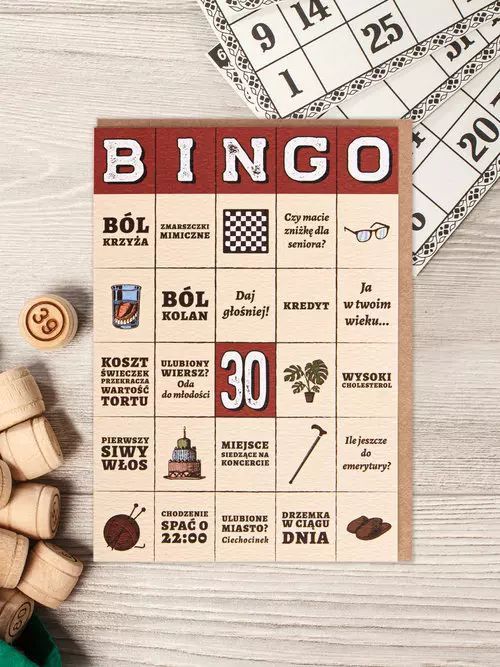 Kartka BINGO 30 Urodziny. Absztyfikant. Nowy Produkt