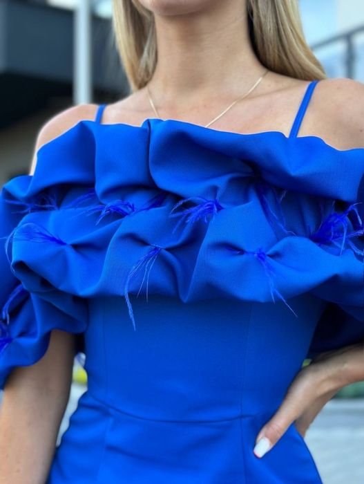 Sukienka chabrowa długa pióra piórka 42,44 marina maxi wieczorowa nowa