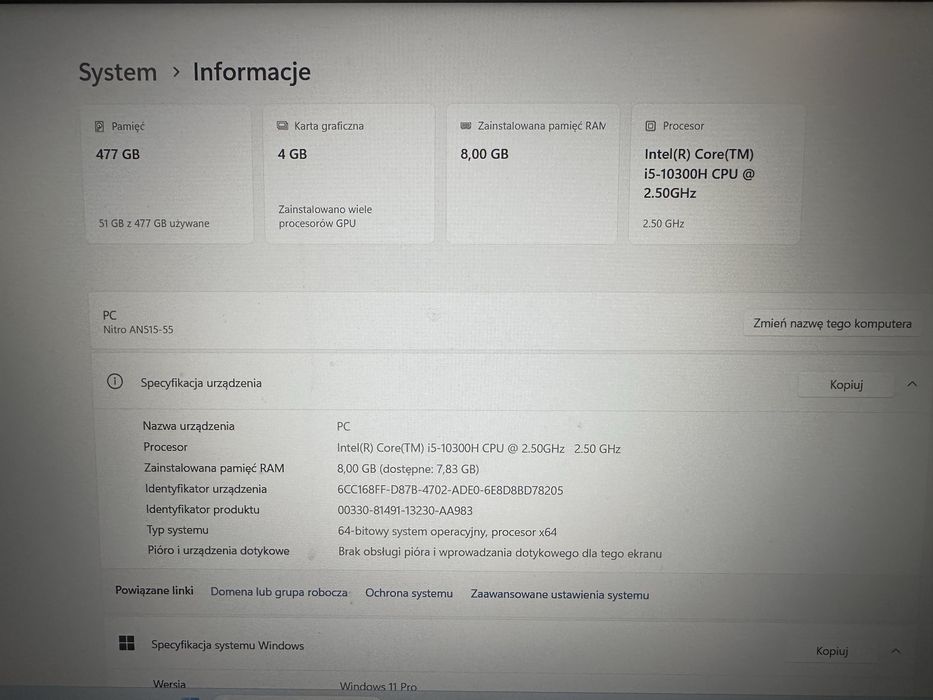 Acer Nitro 5 i5-10300H GTX 1650 4GB 512GB SSD 15,6” FHD IPS