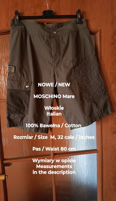 Moschino Mare Włoskie męskie szorty cargo, 100% Bawełna, Roz. M, 80 cm