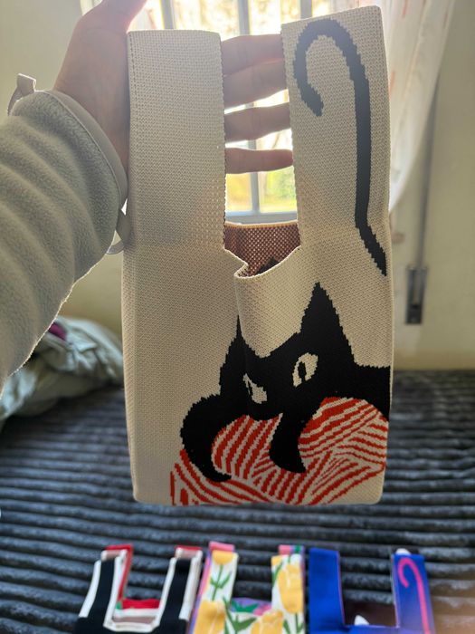 Bolsa Clutch de Tricô com Gato Bege em Poliéster Bolsa de Mão Fofa bag