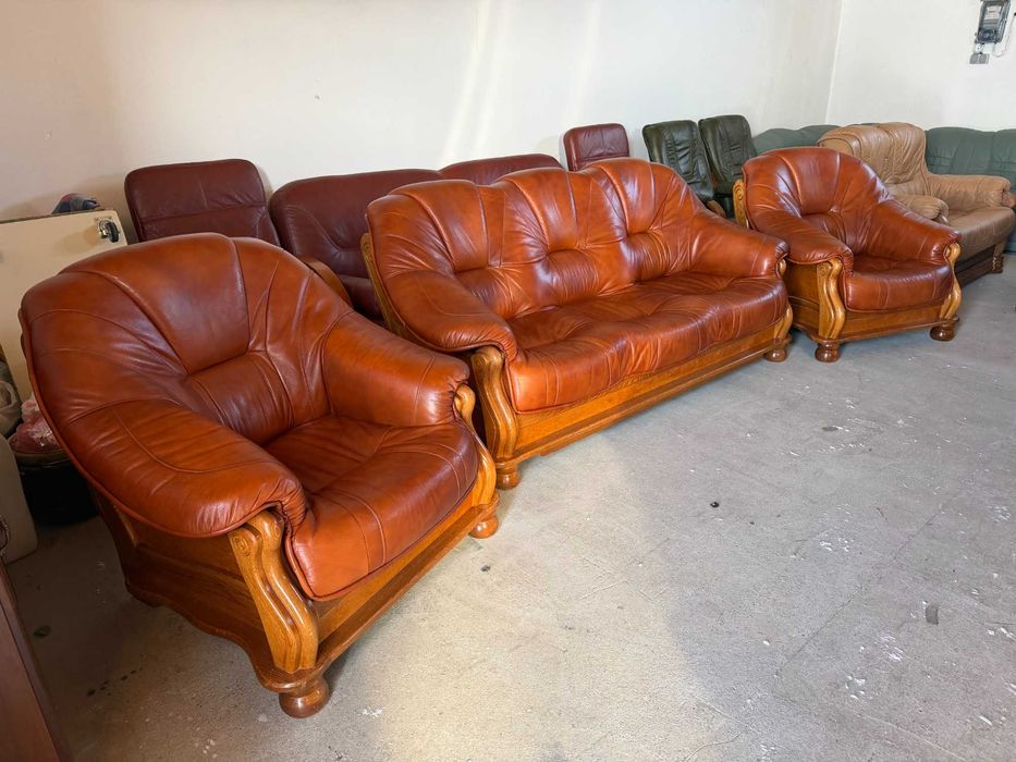 Шкіряний розкладний диван+2крісла з натуральноі шкіри на дуб.каркасі