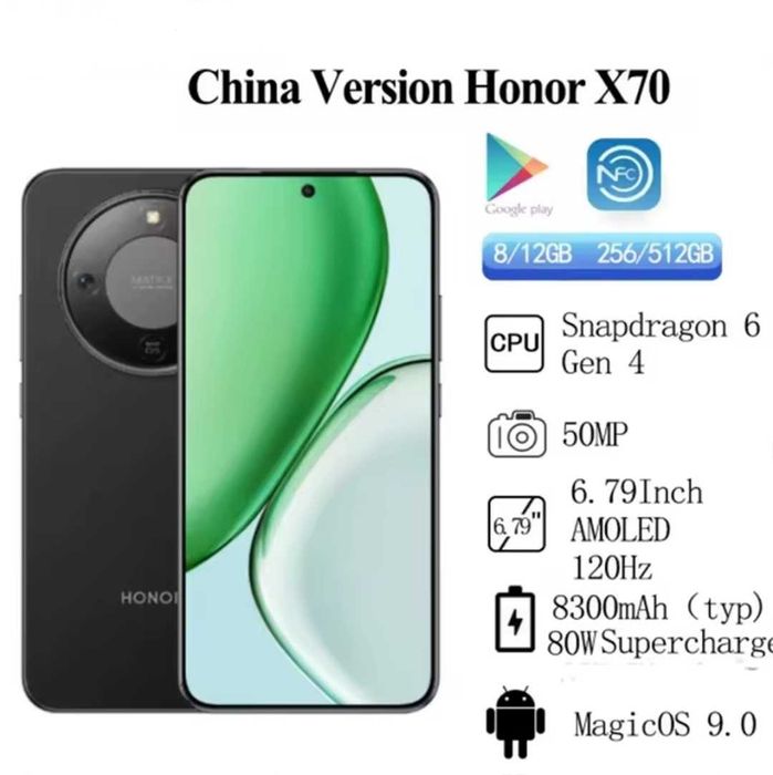 Honor X70, X9d Black, 8/128Gb, 120 Hz, 8300 mAh, 80W Snapdragon 6 Gen4