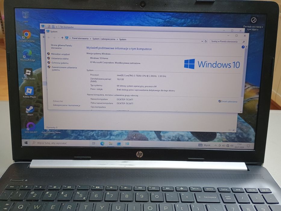 HP i3-7020U 16GB SSD250GB Windows Bateria Ładowarka