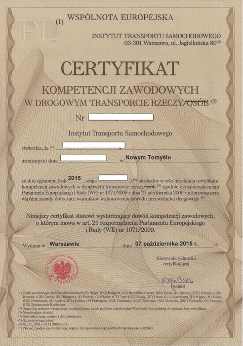 Certyfikat Kompetencji Zawodowych spedycja pośrednictwo przy przewozie rzeczy licencja spedycyjna użyczę