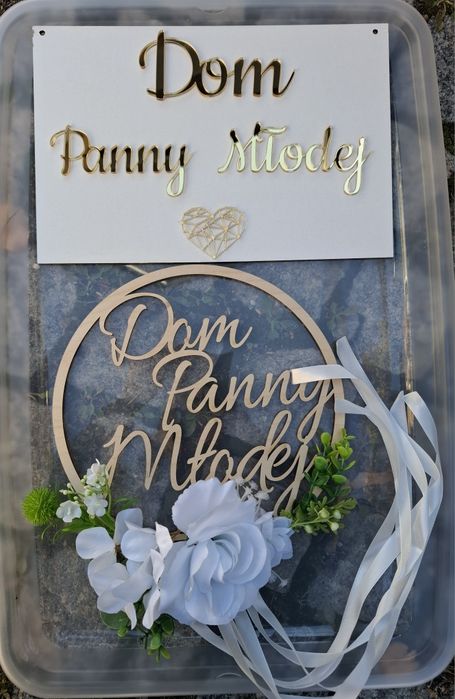 Dom panny młodej tablica biała złota wianek drewniany kwiatki ozdoba 2 sztuki komplet