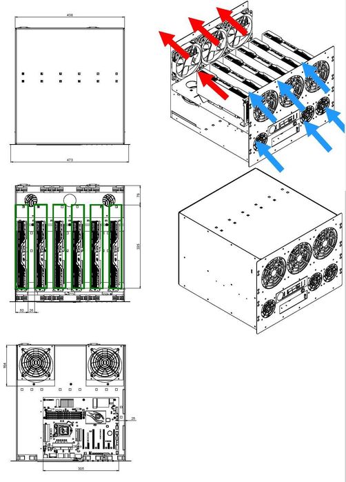 Obudowa RACK do szafy 19 cali, HOME LAB , KRYPTO , AI, 6 x GPU, 2x PSU