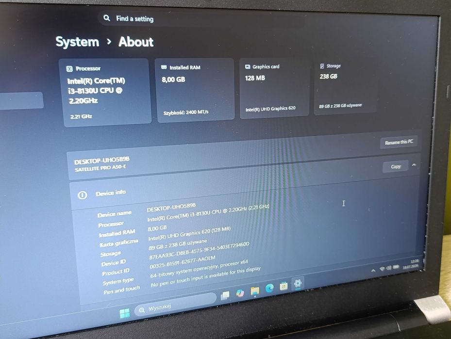 Laptop Toshiba Satellite Pro A50-E  sprawny 100% dobra bateria, szybki i lekki