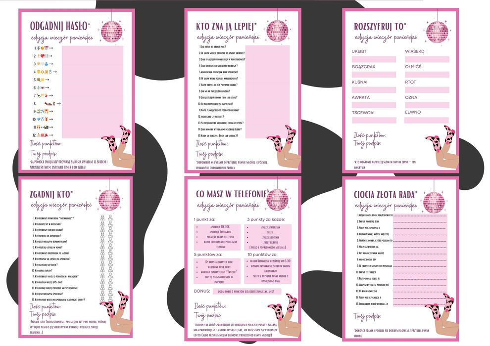 Karty gry na Wieczór Panieński. Wydrukowane gry