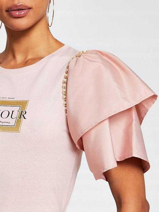 Bluzka River Island różowa z nadrukiem bufiaste rękawy r. 34/36
