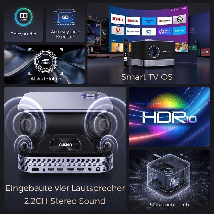Projektor Aurzen Boom 3 300" Wifi Fullhd Hdmi Usb Hdr Netfix Dekodu 4k