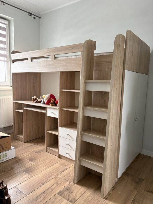 Łóżko pietrowe z biurkiem szafą półkami zestaw mebli