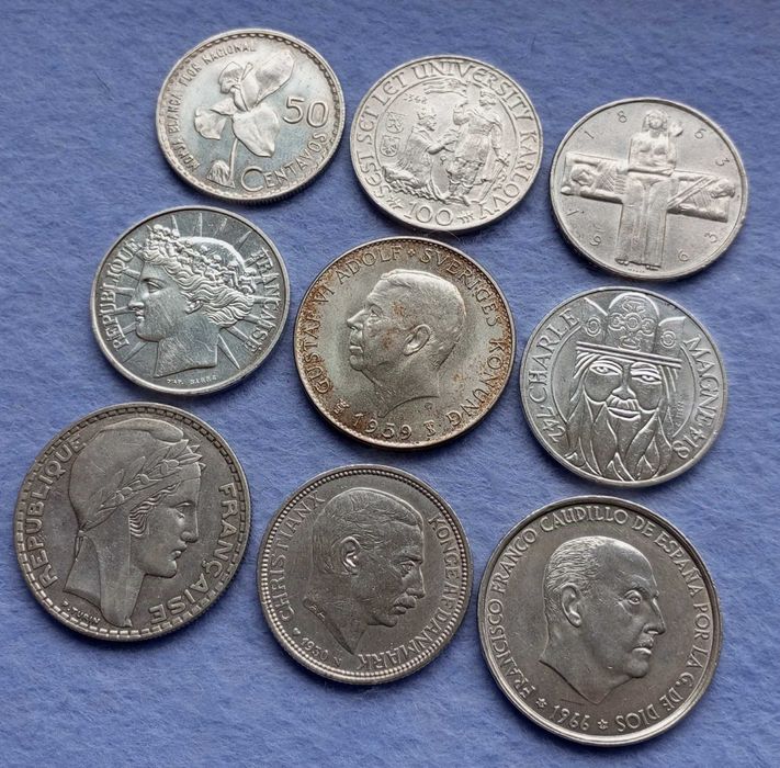 Срібні монети 100 крон 1948, 5 франків 1963, 50 сентаво 1962, 100 франків, 100 песет 1966,  штемпельний блиск