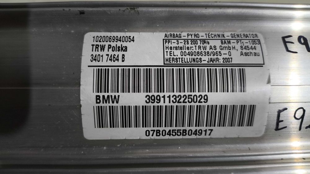 Airbag Tablier BMW Serie 3 (E90/E91/E92/E93) 2 Fichas  3991.1322.5029