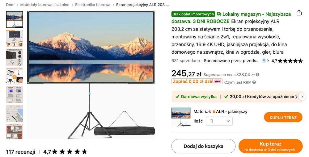 Ekran projekcyjny 203 cm ze statywem i torbą do przenoszenia