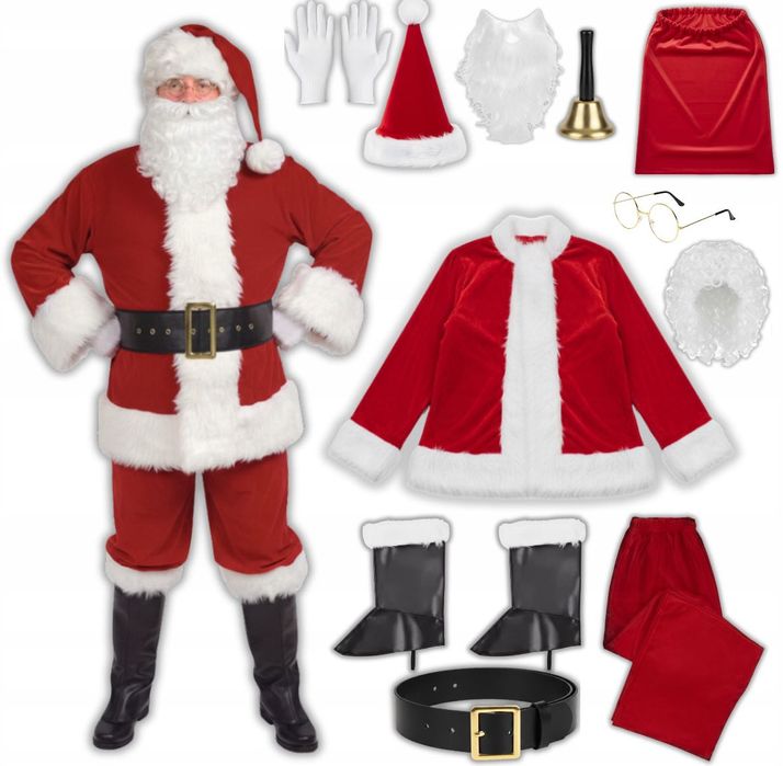 Strój Przebranie Świętego Mikołaja Welurowy Premium 13el PEŁNY ZESTAW