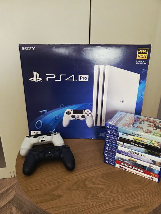 Białe PlayStation 4 PRO 1TB | Stan Idealny | 2 Pady + 10 Gier | Pudełko