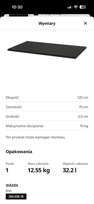 Blat biurko , stol. 70x120 3cm grubosc czarny