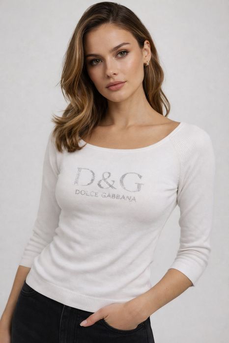 Dolce&Gabbana жіночий лонгслів, білий джемпер із  логотипом із стразів