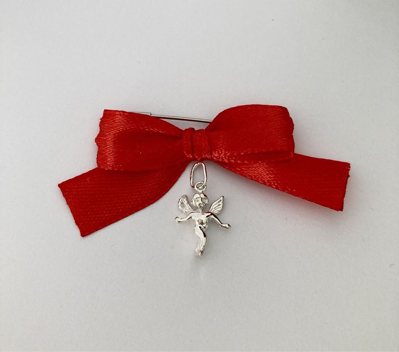 Srebrna zawieszka Aniołek wisiorek p.925 z czerwoną kokardką do wózka