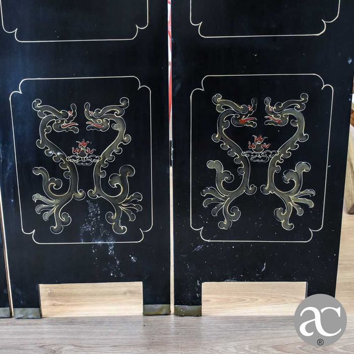 Biombo Chinês de 2 faces em pedra dura lacado com 4 painéis