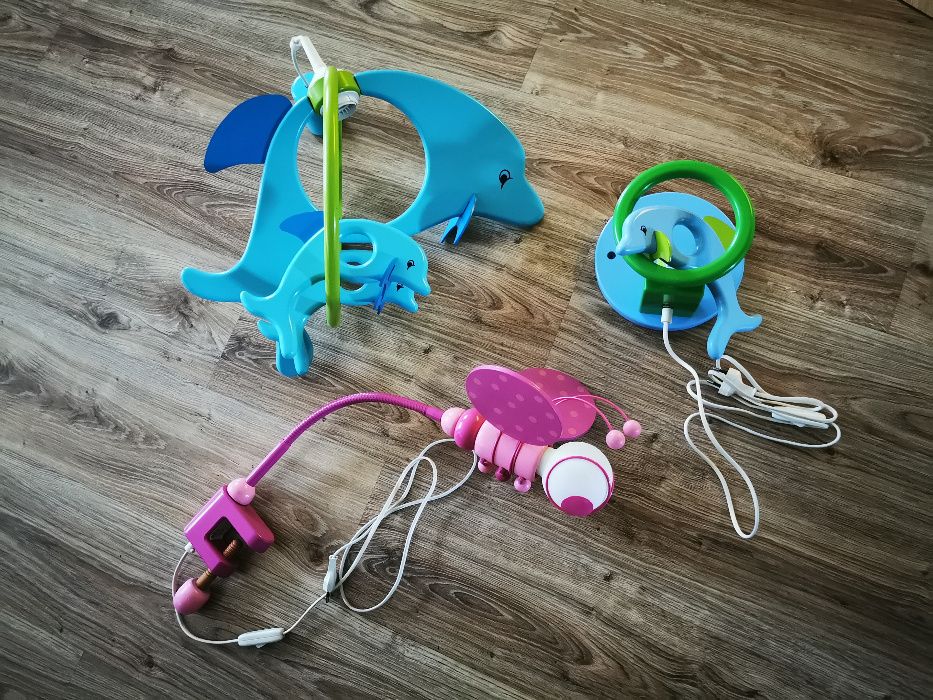 Zestaw drewnianych lamp do pokoju dziecięcego (Delfin, Pszczółka)