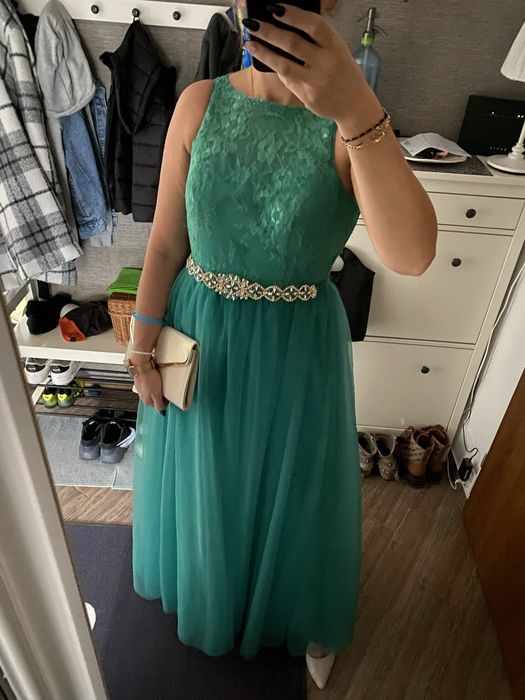 Suknia balowa zieleń tiul koronka kamienie
