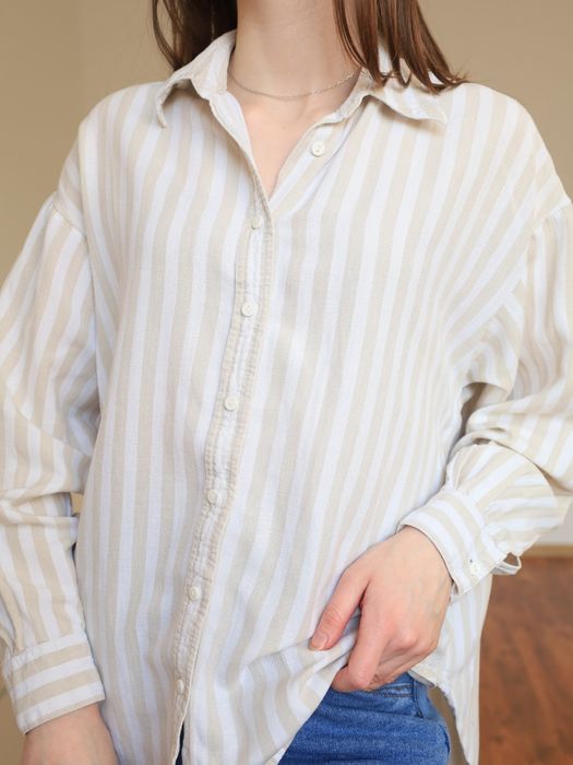 Stradivarius oversize koszula w paski beżowa kremowa L też M S wiosna