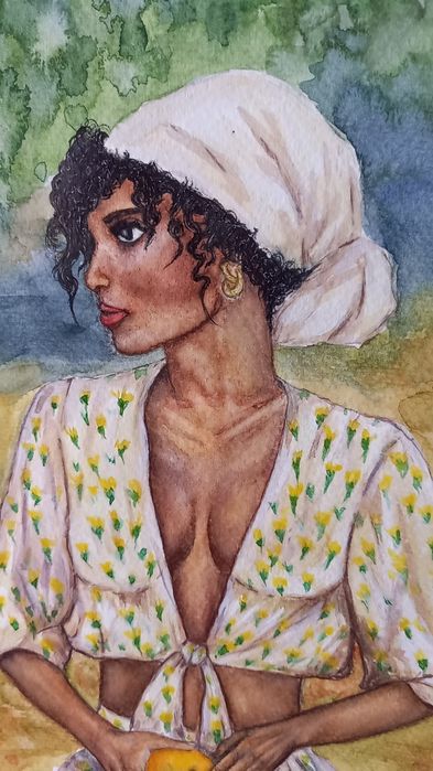 Картина "Девушка с апельсином", акварель