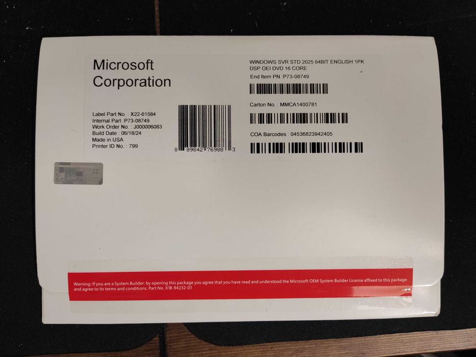 Windows Server Standard 2025 EN OEM - nowy nieużywany FV23%