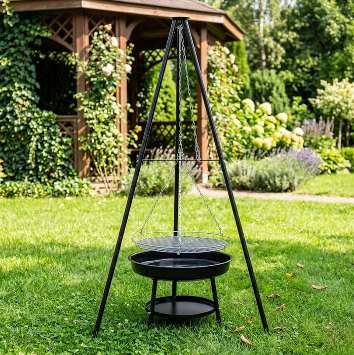 Grill Trójnóg Palenisko Ogrodowe Stalowe z Rusztem 46 CM Grill Wiszący XXL Grill Węglowy Drewno Przenośne