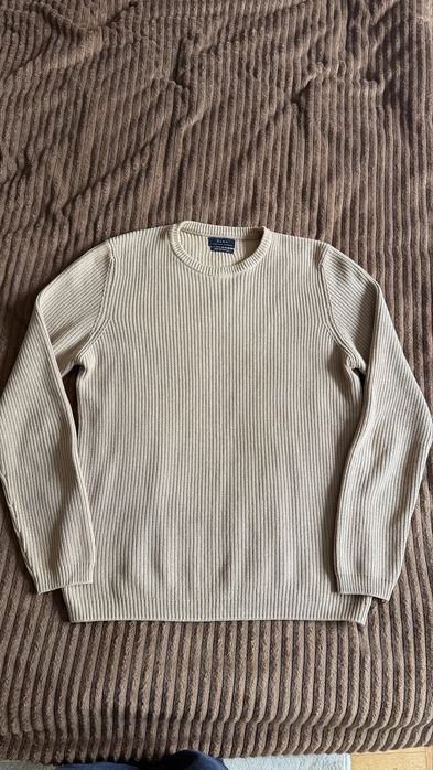 бежевий чоловічий в'язаний светр у рубчик з круглим вирізом Zara M