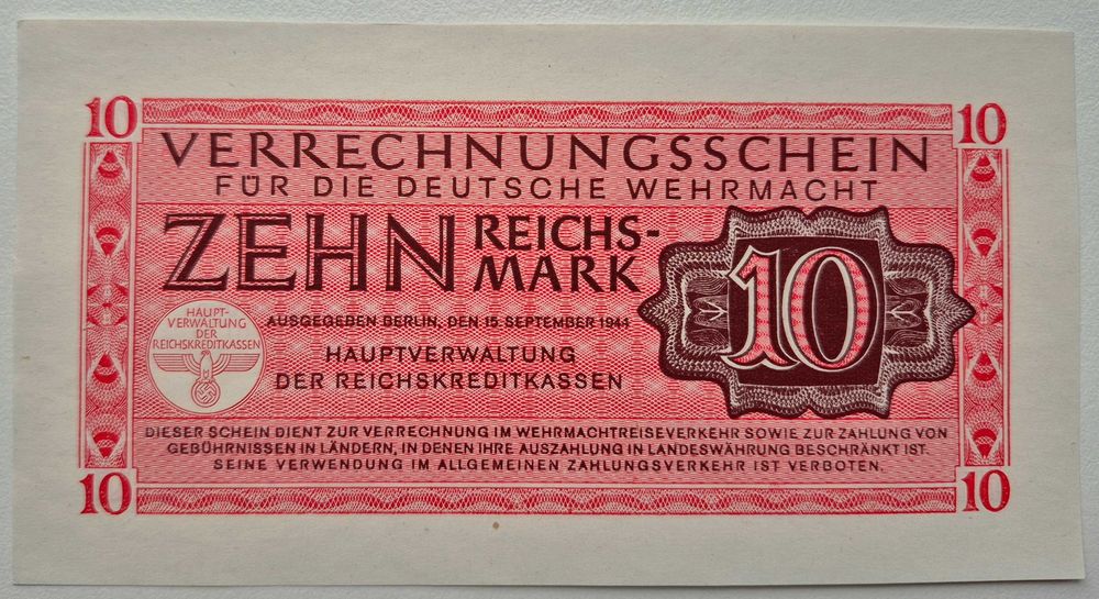 Третій Рейх 10 рейхс марок 1944 рік Вермахт UNC