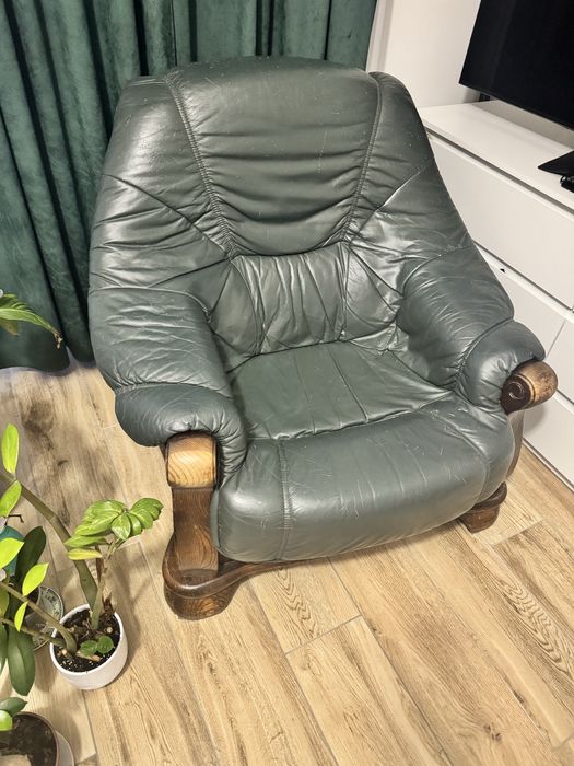 Skórzany fotel dębowy | Vintage | Styl Norweski | Dąb & Skóra