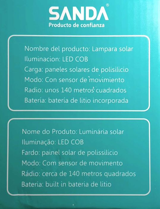 Candeeiro solar LED exterior sensor movimento
