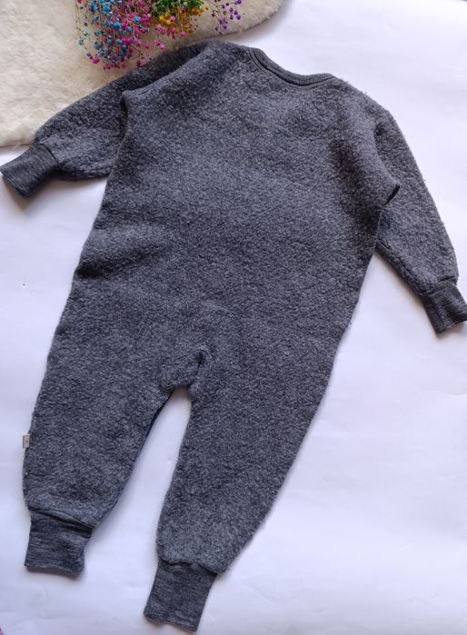 Szary kombinezon puchacz merino wełna ull wool wolle lana volna