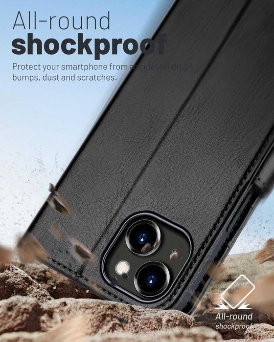 OCASE etui skórzane do iPhone 15 RFID z klapką portfel stojak czarne
