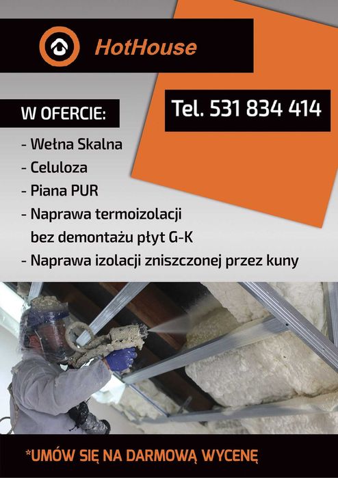 Ocieplenie Pianą PUR, Celulozą, poddasza, stropodachu, wiązarów