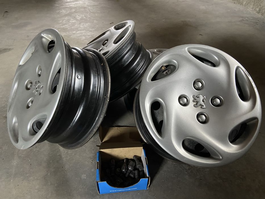 Conjunto de 4 jantes, tampoes e pernos, Peugeot 206