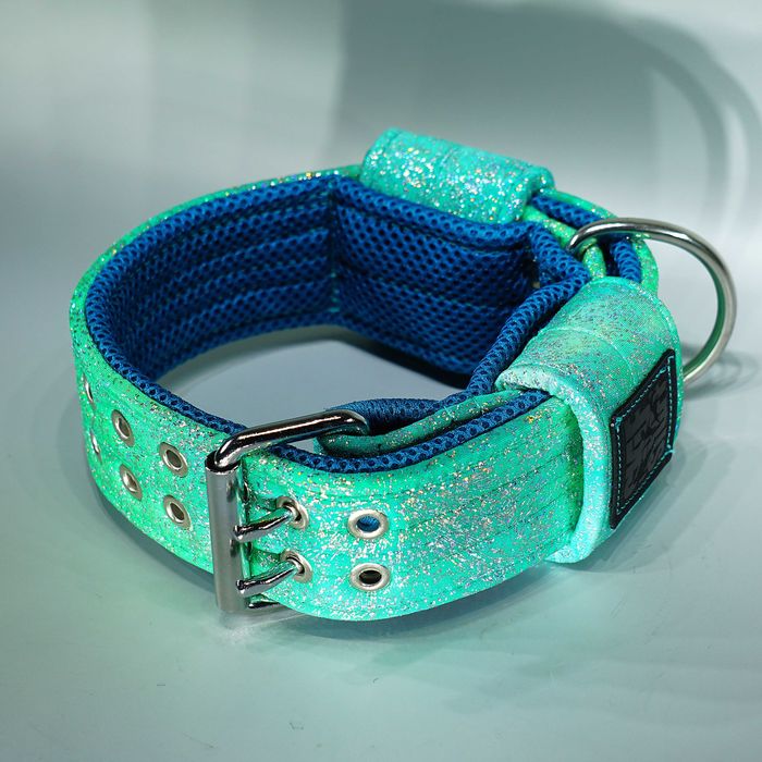 Brokatowa TURKUSOWA obroża dla psa 5 cm — PREMIUMcomfort