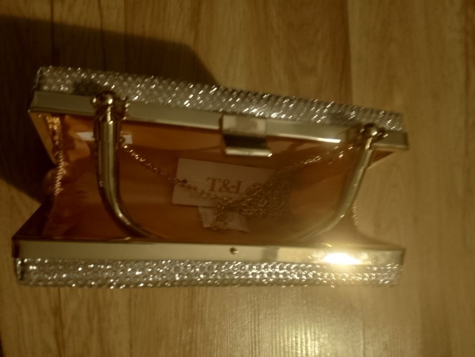 Nowa elegancka kopertówka złota z brokatem